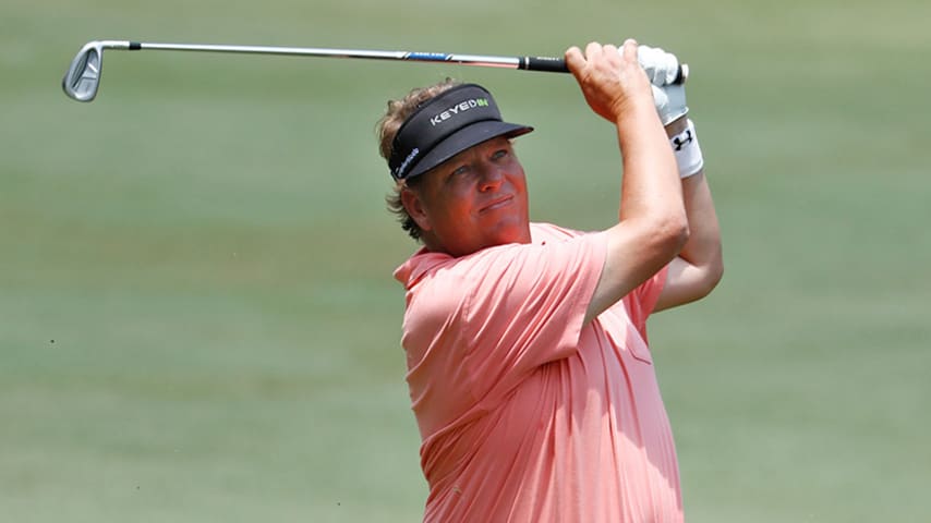 AUBURN, AL - JULY 22:  Tim Herron of the United States plays a shot on the first hole during the third round of the Barbasol Championship at the Robert Trent Jones Golf Trail at Grand National on July 22, 2017 in Auburn, Alabama.  (Photo by Sam Greenwood/Getty Images)