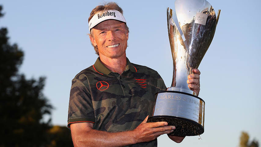 PHOENIX, AZ - NOVEMBER 11:  Bernhard Langer of Germany poses with the Charles Schwab Cup after winning the seaon long overall standings during the Charles Schwab Cup Championship at Phoenix Country Club on November 11, 2018 in Phoenix, Arizona.  (Photo by Christian Petersen/Getty Images)