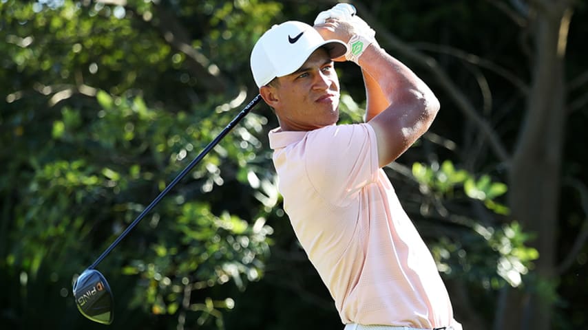 PLAYA DEL CARMEN, MEXICO - NOVEMBER 10: Cameron Champ of the United States plays his shot from the 18th tee during the third round of the Mayakoba Golf Classic at El Camaleon Mayakoba Golf Course on November 10, 2018 in Playa del Carmen, Mexico. (Photo by Rob Carr/Getty Images)