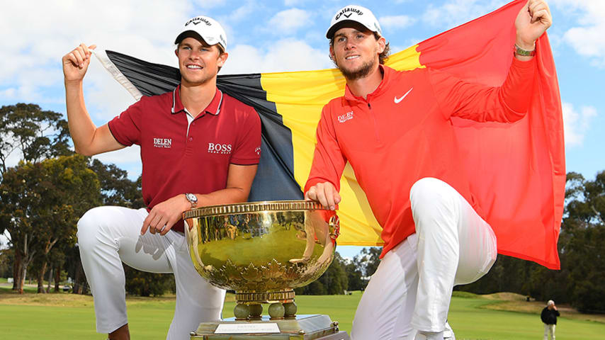 MELBOURNE, AUSTRALIA - NOVEMBER 25: Thomas Detry and Thomas Pieters of Belgium pose with the trophy after winning during day four of the 2018 World Cup of Golf at The Metropolitan on November 25, 2018 in Melbourne, Australia. (Photo by Quinn Rooney/Getty Images)