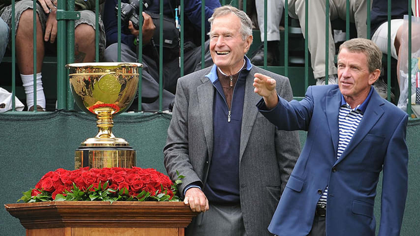 SAN FRANCISCO - OCTOBER 08:  Former President George H.W. Bush and PGA Tour Commissioner Tim Finchem wait on the first tee during the Day One Foursome Matches of The Presidents Cup at Harding Park Golf Course on October 8, 2009 in San Francisco, California.  (Photo by Harry How/Getty Images)