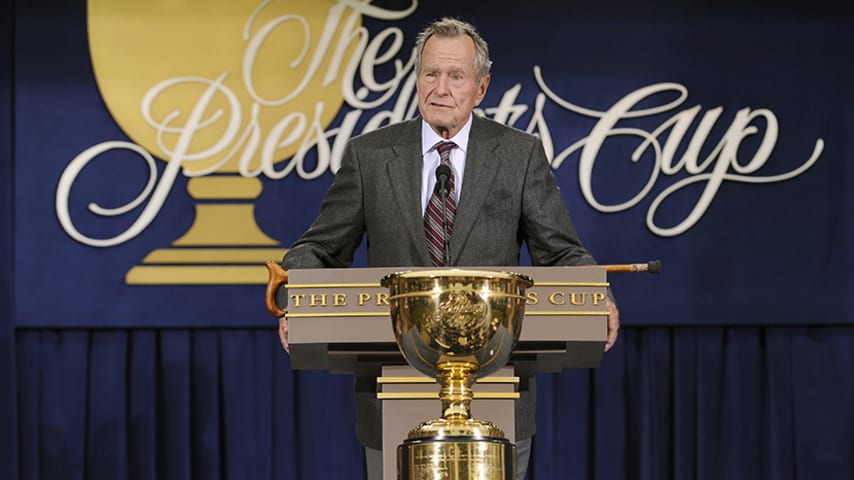 SAN FRANCISCO, CA - OCTOBER 7 - Former President George H.W. Bush speaks during the opening ceremonies for The Presidents Cup at Harding Park Golf Club on October 7, 2009 in San Francisco, California. (Photo by Stan Badz/PGA TOUR)