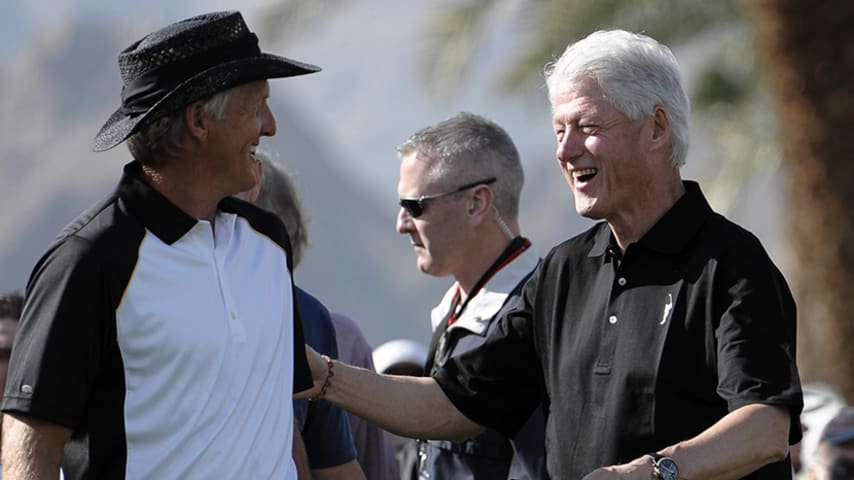 LA QUINTA, CA - JANUARY 21:  Former President Bill Clinton and Greg Norman of Australia talk on the first tee at the Palmer Private Course at the PGA West during the third round of the Humana Challenge in partnership with the Clinton Foundation golf tournament January 21, 2012 in La Quinta, California.  (Photo by Denis Poroy/Getty Images)  