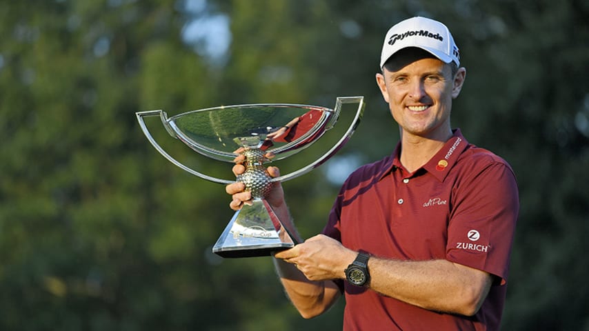ATLANTA, GA - SEPTEMBER 23: Justin Rose of England holds the FedExCup trophy after the final round of the TOUR Championship at East Lake Golf Club on September 23, 2018, in Atlanta, Georgia. (Photo by Ben Jared/PGA TOUR)