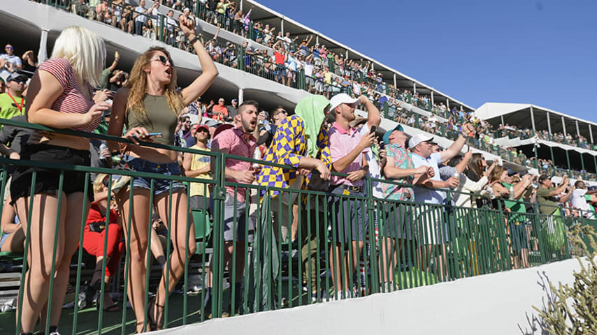 SCOTTSDALE, AZ - FEBRUARY 03:  Fans cheer at the 16th hole during the third round of the Waste Management Phoenix Open at TPC Scottsdale on February 3, 2018 in Scottsdale, Arizona.  (Photo by Robert Laberge/Getty Images)