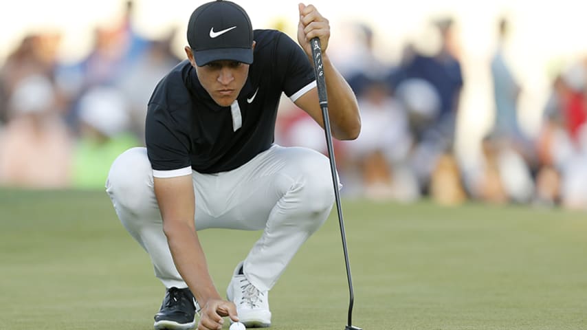 SCOTTSDALE, ARIZONA - FEBRUARY 01: Cameron Champ reacts on the 18th green during the second round of the Waste Management Phoenix Open at TPC Scottsdale on February 01, 2019 in Scottsdale, Arizona. (Photo by Michael Reaves/Getty Images)