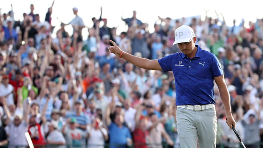 SCOTTSDALE, ARIZONA - FEBRUARY 01: Rickie Fowler reacts following a birdie putt on the 16th green during the second round of the Waste Management Phoenix Open at TPC Scottsdale on February 01, 2019 in Scottsdale, Arizona. (Photo by Christian Petersen/Getty Images)