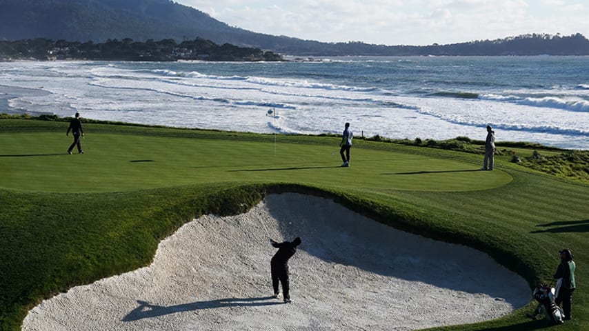 PEBBLE BEACH, CALIFORNIA - FEBRUARY 05: A general view of the ninth hole during a practice round prior to the AT