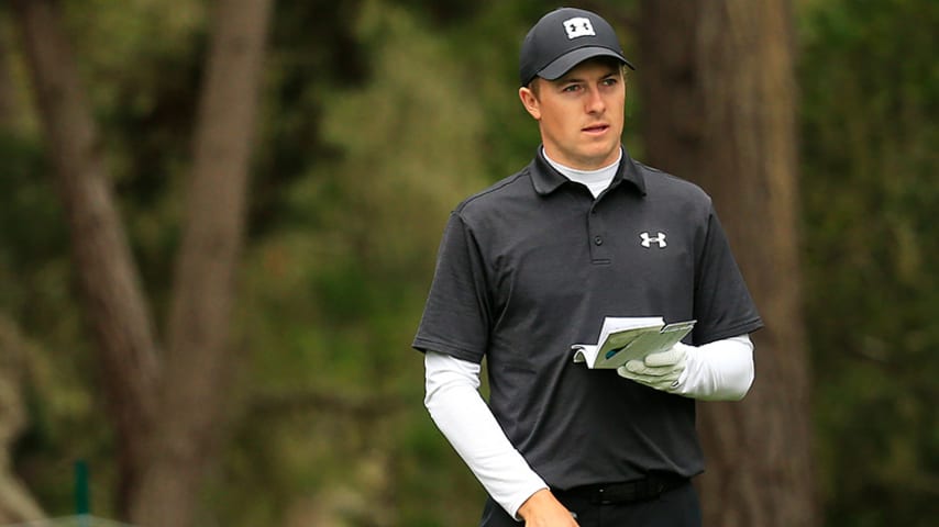 PEBBLE BEACH, CALIFORNIA - FEBRUARY 08:  Jordan Spieth of the United States prepares to play his shot from the 13th tee during the second round of the AT