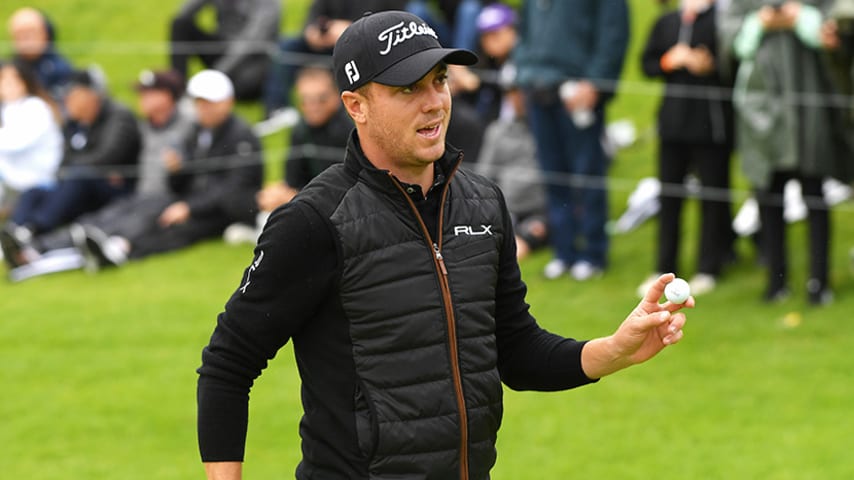 PACIFIC PALISADES, CALIFORNIA - FEBRUARY 15: Justin Thomas reacts to hitting a birdie on the 18th hole and goes 5-under at the completion of the first round of the Genesis Open at Riviera Country Club on February 15, 2019 in Pacific Palisades, California (Photo by Harry How/Getty Images)