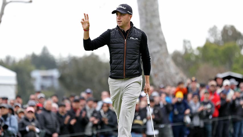 PACIFIC PALISADES, CALIFORNIA - FEBRUARY 15: Justin Thomas reacts to hitting a birdie on the 18th hole and goes 5-under at the completion of the first round of the Genesis Open at Riviera Country Club on February 15, 2019 in Pacific Palisades, California (Photo by Yong Teck Lim/Getty Images)