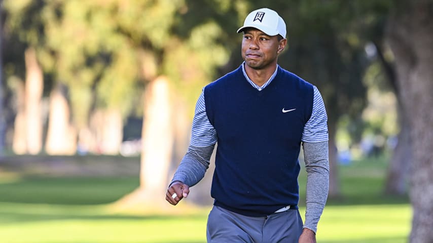 PACIFIC PALISADES, CA - FEBRUARY 16:  Tiger Woods celebrates and pumps his fist after making a birdie putt on the 13th hole green during the third round of the Genesis Open at Riviera Country Club on February 16, 2019 in Pacific Palisades, California. (Photo by Keyur Khamar/PGA TOUR)