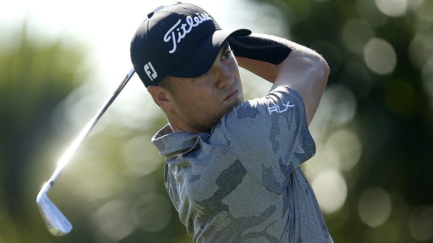 PALM BEACH GARDENS, FLORIDA - MARCH 02:   Justin Thomas plays his shot from the seventh tee during the third round of the Honda Classic at PGA National Resort and Spa on March 02, 2019 in Palm Beach Gardens, Florida. (Photo by Michael Reaves/Getty Images)