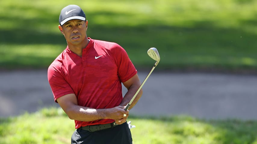 MEXICO CITY, MEXICO - FEBRUARY 24: Tiger Woods of the United States prepares to play a shot on the first hole during the final round of World Golf Championships-Mexico Championship at Club de Golf Chapultepec on February 24, 2019 in Mexico City, Mexico. (Photo by David Cannon/Getty Images)