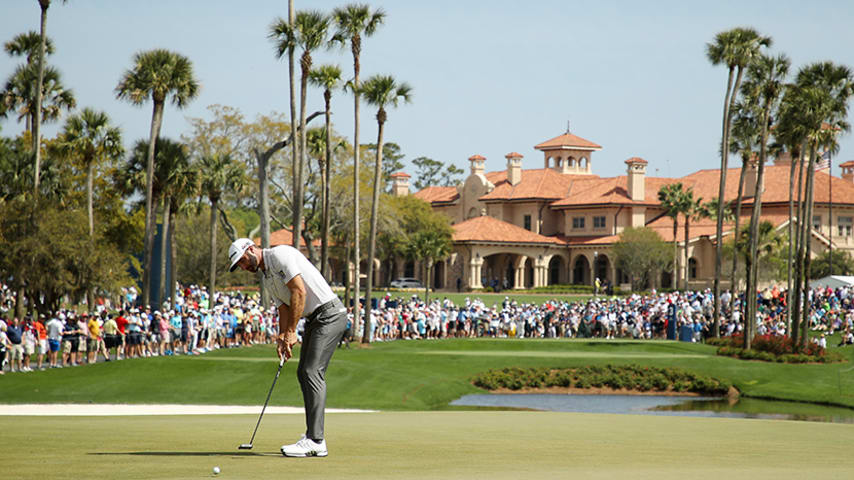 PONTE VEDRA BEACH, FLORIDA - MARCH 15:  Dustin Johnson of the United States putts on the third green during the second round of The PLAYERS Championship on The Stadium Course at TPC Sawgrass on March 15, 2019 in Ponte Vedra Beach, Florida. (Photo by Gregory Shamus/Getty Images)