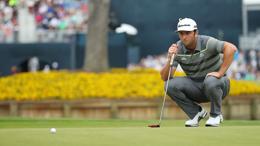 PONTE VEDRA BEACH, FLORIDA - MARCH 16:   Jon Rahm of Spain lines up a putt on the 16th green during the third round of The PLAYERS Championship on The Stadium Course at TPC Sawgrass on March 16, 2019 in Ponte Vedra Beach, Florida. (Photo by Gregory Shamus/Getty Images)