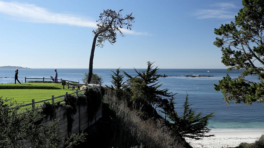 PEBBLE BEACH, CA - FEBRUARY 11:  Chris Harrison plays his shot from the fifth tee during the Final Round of the AT