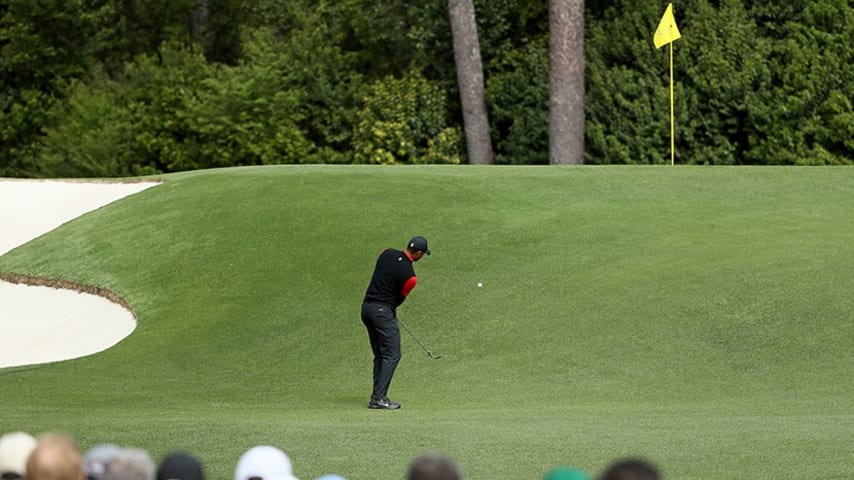 AUGUSTA, GA - APRIL 08:  Tiger Woods of the United States plays his third shot on the third hole during the final round of the 2018 Masters Tournament at Augusta National Golf Club on April 8, 2018 in Augusta, Georgia.  (Photo by Jamie Squire/Getty Images)