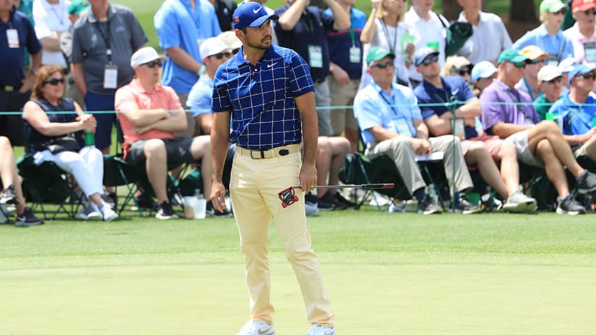 AUGUSTA, GEORGIA - APRIL 11: Jason Day of Australia stands on the second green during the first round of the Masters at Augusta National Golf Club on April 11, 2019 in Augusta, Georgia. (Photo by Andrew Redington/Getty Images)