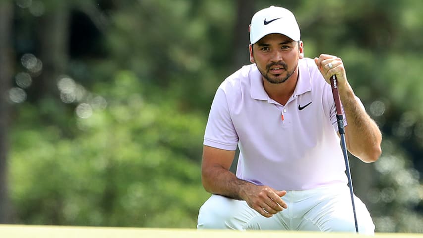 AUGUSTA, GEORGIA - APRIL 12: Jason Day of Australia lines up a putt on the 18th green during the second round of the Masters at Augusta National Golf Club on April 12, 2019 in Augusta, Georgia. (Photo by Andrew Redington/Getty Images)