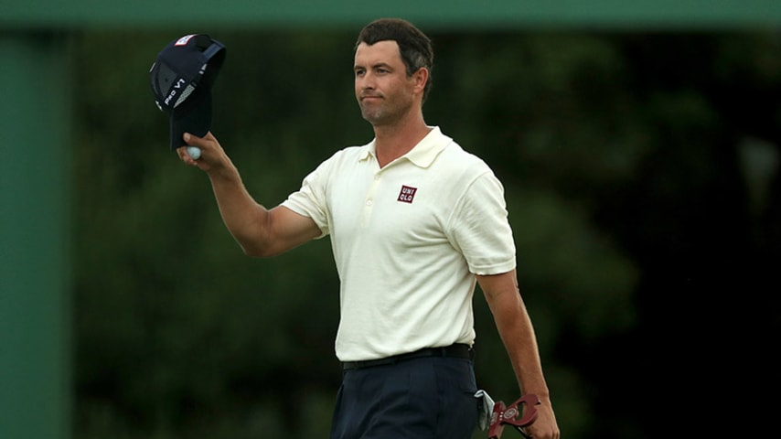 AUGUSTA, GEORGIA - APRIL 12: Adam Scott of Australia acknowledges patrons on the 18th green during the second round of the Masters at Augusta National Golf Club on April 12, 2019 in Augusta, Georgia. (Photo by Mike Ehrmann/Getty Images)