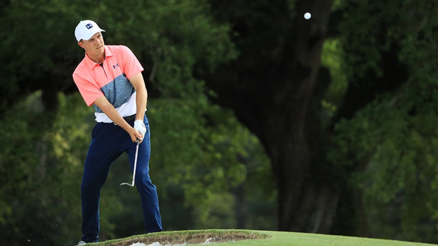 AUGUSTA, GEORGIA - APRIL 12: Jordan Spieth of the United States plays a shot on the 18th hole during the second round of the Masters at Augusta National Golf Club on April 12, 2019 in Augusta, Georgia. (Photo by Andrew Redington/Getty Images)