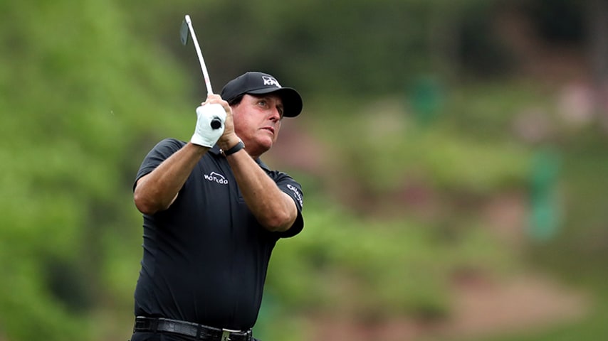 AUGUSTA, GEORGIA - APRIL 14: Phil Mickelson of the United States plays a second shot on the fifth hole during the final round of the Masters at Augusta National Golf Club on April 14, 2019 in Augusta, Georgia. (Photo by David Cannon/Getty Images)