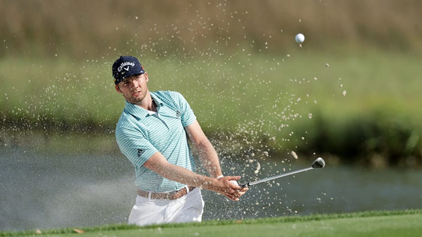 HILTON HEAD ISLAND, SOUTH CAROLINA - APRIL 20: Sam Burns plays a shot from a bunker on the 17th hole during the third round of the 2019 RBC Heritage at Harbour Town Golf Links on April 20, 2019 in Hilton Head Island, South Carolina. (Photo by Tyler Lecka/Getty Images)