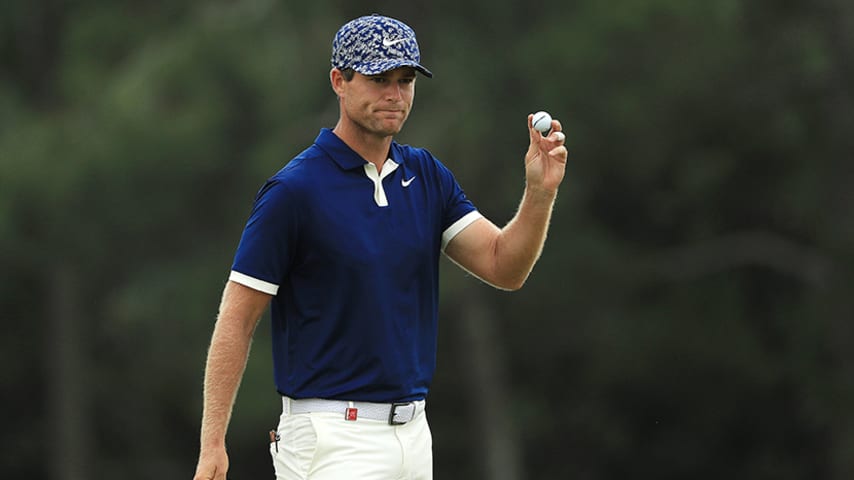 AUGUSTA, GEORGIA - APRIL 14: Lucas Bjerregaard of Denmark waves on the 18th green during the final round of the Masters at Augusta National Golf Club on April 14, 2019 in Augusta, Georgia. (Photo by Mike Ehrmann/Getty Images)