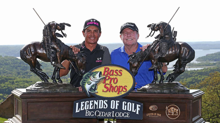 RIDGEDALE, MISSOURI - APRIL 28: Tom Pernice Jr. (L) and Scott Hoch pose with the trophy after winning the PGA TOUR Champions Bass Pro Shops Legends of Golf at Big Cedar Lodge on April 28, 2019 in Ridgedale, Missouri. (Photo by Matt Sullivan/Getty Images)