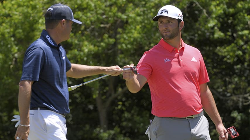 AVONDALE, LA - APRIL 28: Ryan Palmer and Jon Rahm fist bump on the fourth hole during the final round of the Zurich Classic of New Orleans at TPC Louisiana on April 28, 2019 in Avondale, Louisiana. (Photo by Stan Badz/PGA TOUR)