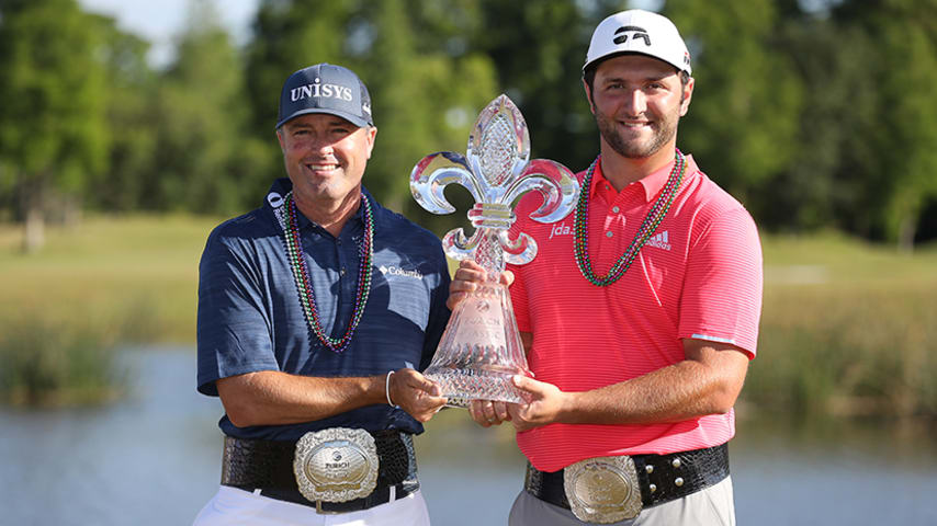 AVONDALE, LOUISIANA - APRIL 28: Jon Rahm of Spain and Ryan Palmer of the United States pose with the trophy after winning during the final round of the Zurich Classic at TPC Louisiana on April 28, 2019 in Avondale, Louisiana. (Photo by Chris Graythen/Getty Images)