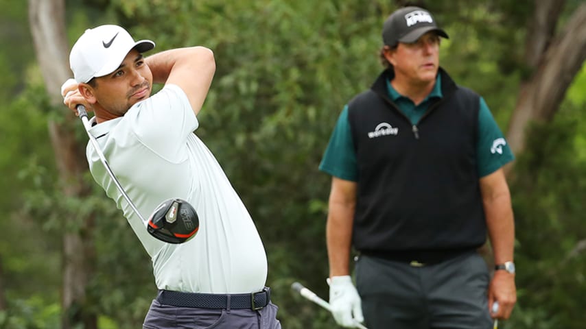 AUSTIN, TEXAS - MARCH 29: Jason Day of Australia plays his shot from the second tee in his match against Phil Mickelson of the United States during the third round of the World Golf Championships-Dell Technologies Match Play at Austin Country Club on March 29, 2019 in Austin, Texas. (Photo by Warren Little/Getty Images)