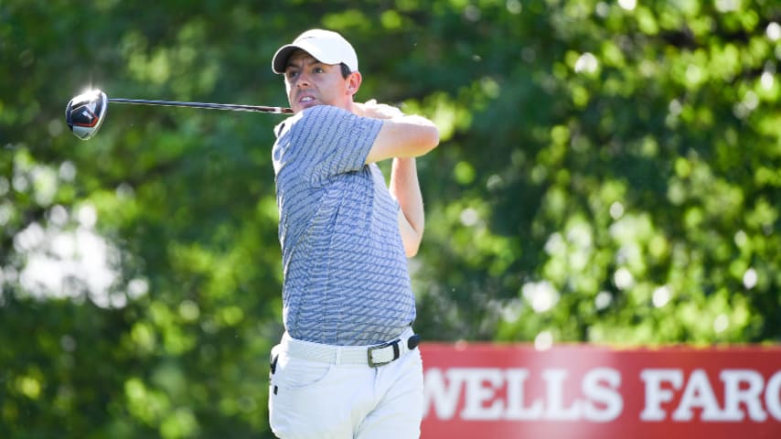 CHARLOTTE, NC - MAY 02: Rory McIlroy of Northern Ireland tees off on the sixteenth tee box during the first round of the Wells Fargo Championship at Quail Hollow Club on May 2, 2019 in Charlotte, North Carolina. (Photo by Ben Jared/PGA TOUR)