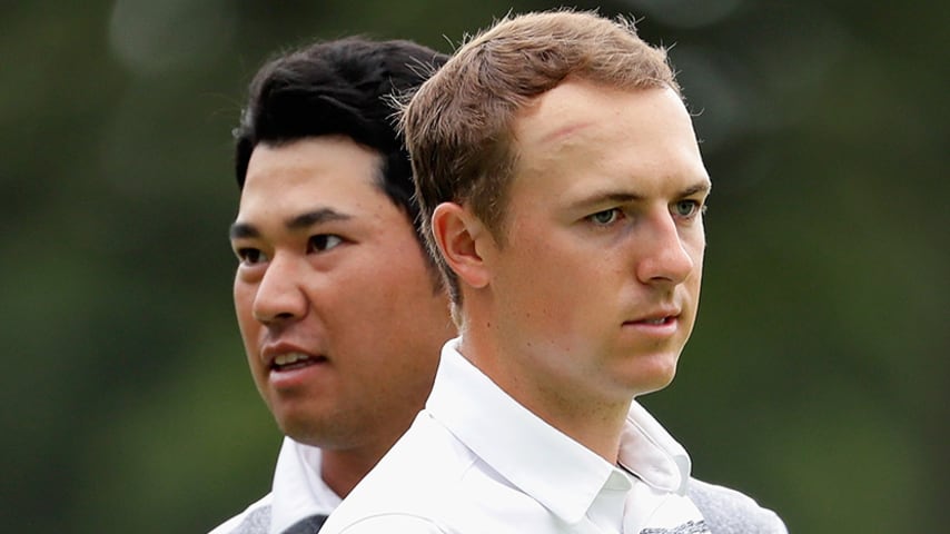 WESTBURY, NY - AUGUST 25:  Hideki Matsuyama of Japan and Jordan Spieth of the United States stand on the 18th green during round two of The Northern Trust at Glen Oaks Club on August 25, 2017 in Westbury, New York.  (Photo by Jamie Squire/Getty Images)