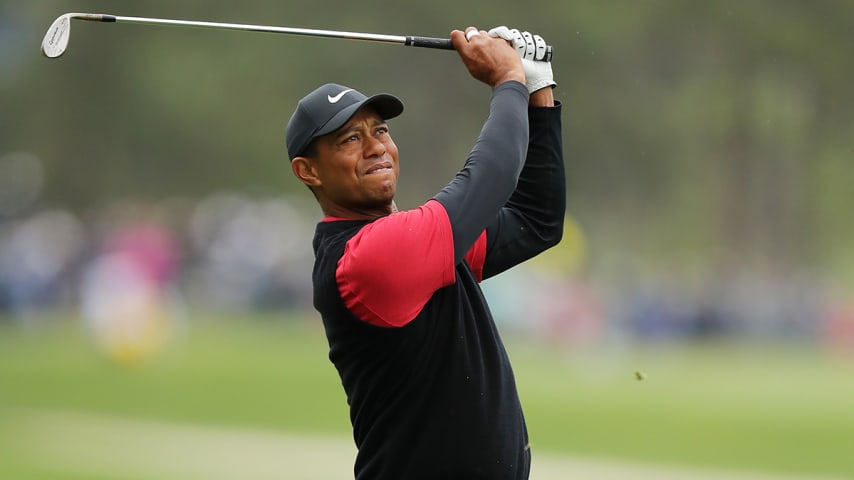 PONTE VEDRA BEACH, FLORIDA - MARCH 17:  Tiger Woods of the United States plays his second shot on the sixth hole during the final round of The PLAYERS Championship on The Stadium Course at TPC Sawgrass on March 17, 2019 in Ponte Vedra Beach, Florida. (Photo by Richard Heathcote/Getty Images)