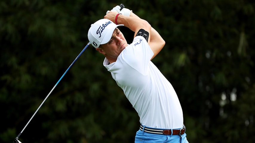 PONTE VEDRA BEACH, FLORIDA - MARCH 14:  Justin Thomas of the United States plays his shot from the 11th tee during the first round of The PLAYERS Championship on The Stadium Course at TPC Sawgrass on March 14, 2019 in Ponte Vedra Beach, Florida. (Photo by Gregory Shamus/Getty Images)