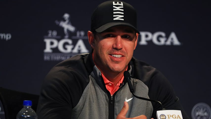 BETHPAGE, NEW YORK - MAY 14: Brooks Koepka of the United States speaks with the media during a press conference prior to the 2019 PGA Championship at the Bethpage Black course on May 14, 2019 in Bethpage, New York. (Photo by Mike Ehrmann/Getty Images)