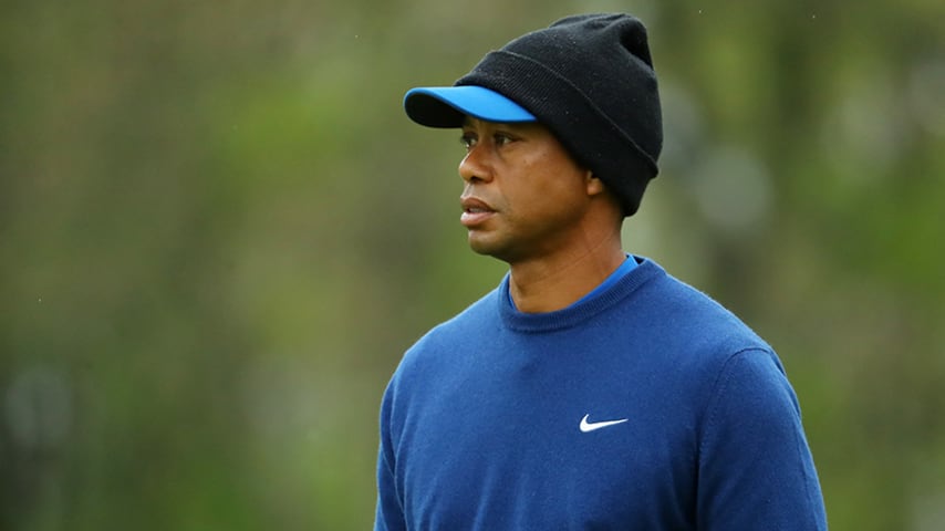 BETHPAGE, NEW YORK - MAY 13:  Tiger Woods of the United States looks on during a practice round prior to the 2019 PGA Championship at the Bethpage Black course on May 13, 2019 in Bethpage, New York. (Photo by Warren Little/Getty Images)