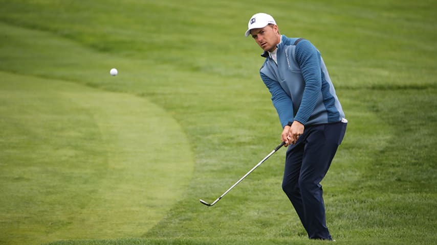 BETHPAGE, NEW YORK - MAY 14: Jordan Spieth of the United States chips during a practice round prior to the 2019 PGA Championship at the Bethpage Black course on May 14, 2019 in Bethpage, New York. (Photo by Christian Petersen/Getty Images)