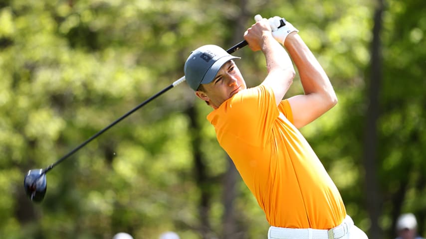 FARMINGDALE, NEW YORK - MAY 16: Jordan Spieth of the United States plays his shot from the seventh tee during the first round of the 2019 PGA Championship at the Bethpage Black course on May 16, 2019 in Farmingdale, New York. (Photo by Jamie Squire/Getty Images)