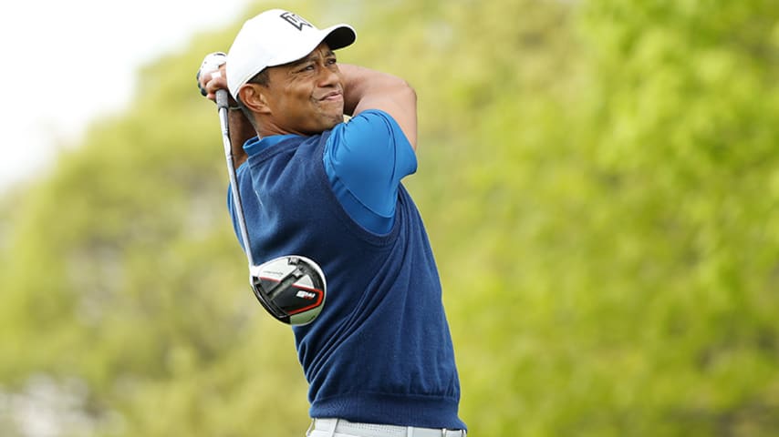 FARMINGDALE, NEW YORK - MAY 16: Tiger Woods of the United States plays his shot from the tenth tee during the first round of the 2019 PGA Championship at the Bethpage Black course on May 16, 2019 in Farmingdale, New York. (Photo by Patrick Smith/Getty Images)