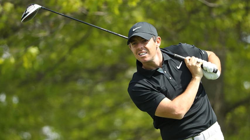 FARMINGDALE, NEW YORK - MAY 17: Rory McIlroy of Northern Ireland plays a shot from the 18th tee during the second round of the 2019 PGA Championship at the Bethpage Black course on May 17, 2019 in Farmingdale, New York. (Photo by Patrick Smith/Getty Images)