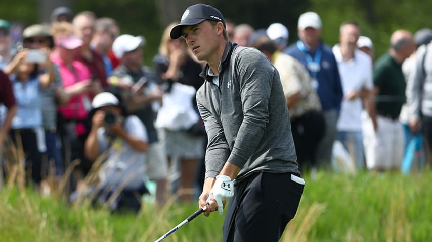 FARMINGDALE, NEW YORK - MAY 17: Jordan Spieth of the United States plays a third shot on the second hole during the second round of the 2019 PGA Championship at the Bethpage Black course on May 17, 2019 in Farmingdale, New York. (Photo by Jamie Squire/Getty Images)