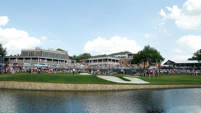 FORT WORTH, TX - MAY 27:  A general view of the 18th green as Justin Rose of England looks over a putt during the final round of the Fort Worth Invitational at Colonial Country Club on May 27, 2018 in Fort Worth, Texas.  (Photo by Michael Reaves/Getty Images)