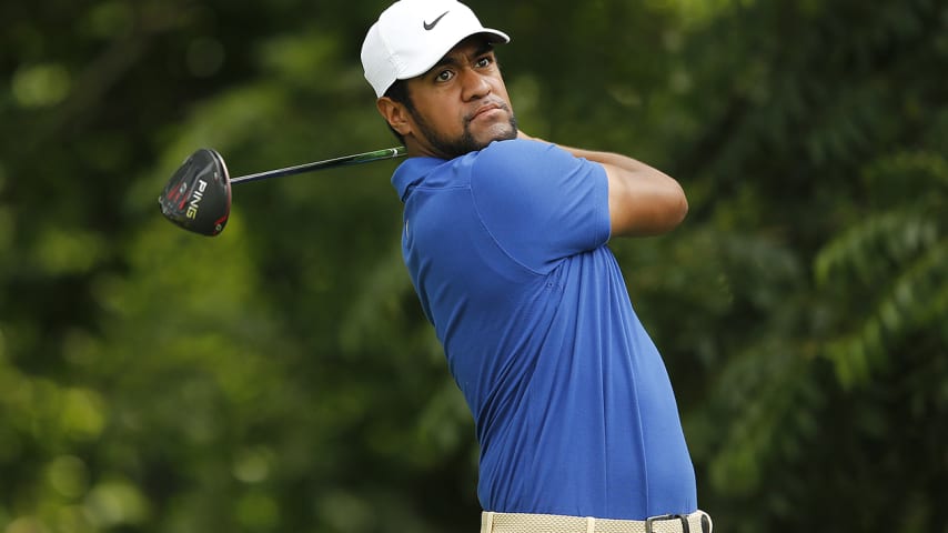 FORT WORTH, TEXAS - MAY 23:   Tony Finau of the United States plays his shot from the sixth tee during the first round of the Charles Schwab Challenge at Colonial Country Club on May 23, 2019 in Fort Worth, Texas. (Photo by Michael Reaves/Getty Images)