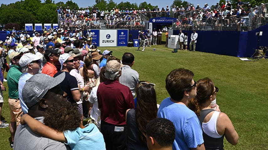 AVONDALE, LA - APRIL 26: Fans watch play on the first hole during the continuation of the first round of the Zurich Classic of New Orleans at TPC Louisiana on April 26, 2019 in Avondale, Louisiana. (Photo by Stan Badz/PGA TOUR)