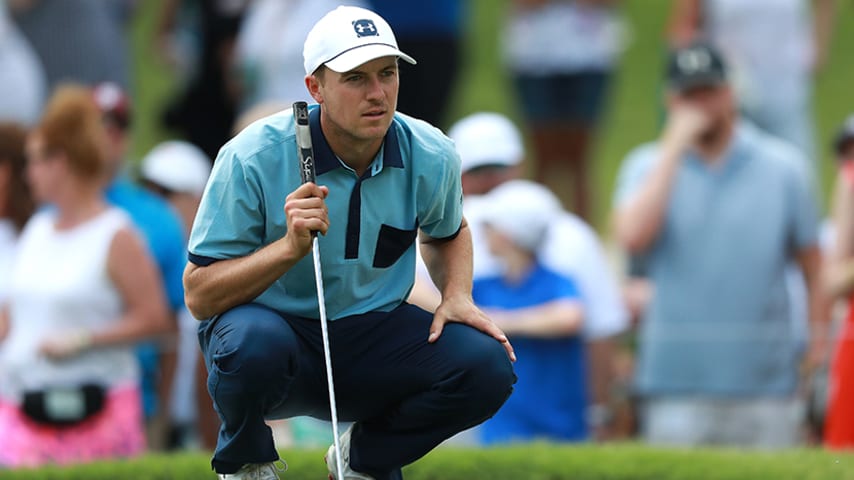 FORT WORTH, TEXAS - MAY 23:   Jordan Spieth of the United States looks over a putt on the fifth green during the first round of the Charles Schwab Challenge at Colonial Country Club on May 23, 2019 in Fort Worth, Texas. (Photo by Tom Pennington/Getty Images)