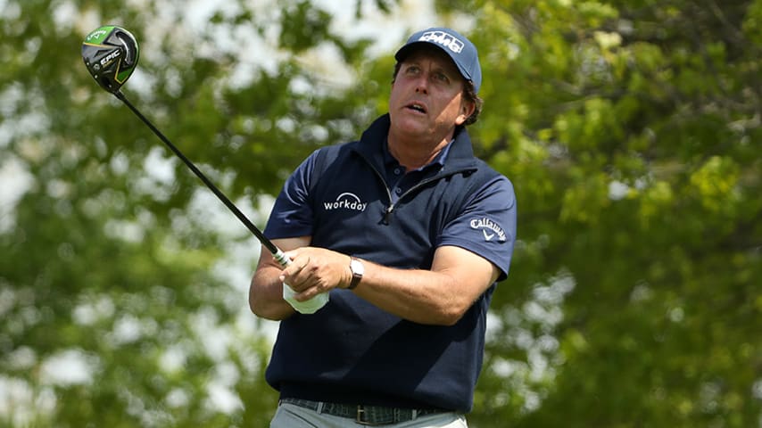 FARMINGDALE, NEW YORK - MAY 17: Phil Mickelson of the United States plays a shot from the 18th tee during the second round of the 2019 PGA Championship at the Bethpage Black course on May 17, 2019 in Farmingdale, New York. (Photo by Patrick Smith/Getty Images)