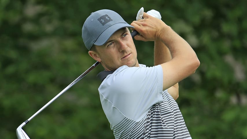 DUBLIN, OHIO - MAY 30: Jordan Spieth watches his tee shot on the 14th hole during the first round of The Memorial Tournament Presented by Nationwide at Muirfield Village Golf Club on May 30, 2019 in Dublin, Ohio. (Photo by Andy Lyons/Getty Images)